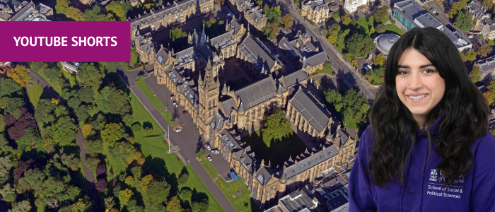 Birds eye view of the University of Glasgow with headshot of smiling woman