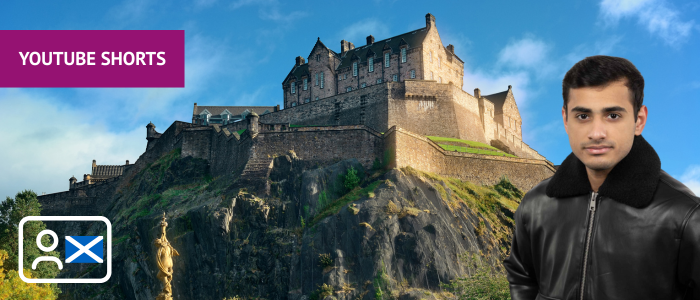 View of Edinburgh castle with graphic to represent the YoungScot card and headshot of man
