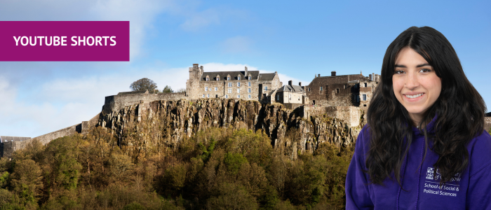 View of Stirling Castle with headshot of smiling woman