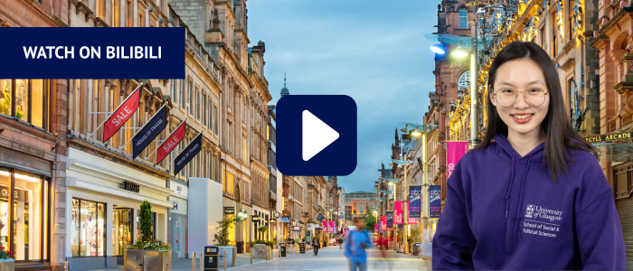 View down Buchanan Street with headshot of woman