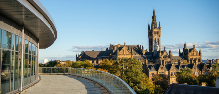 View of the University of Glasgow's Gilbert Scott Building from the James McCune Smith Learning Hub balcony