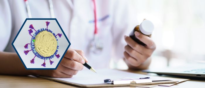 Healthcare professional writing notes while holding medication bottle, with coronavirus illustration overlay