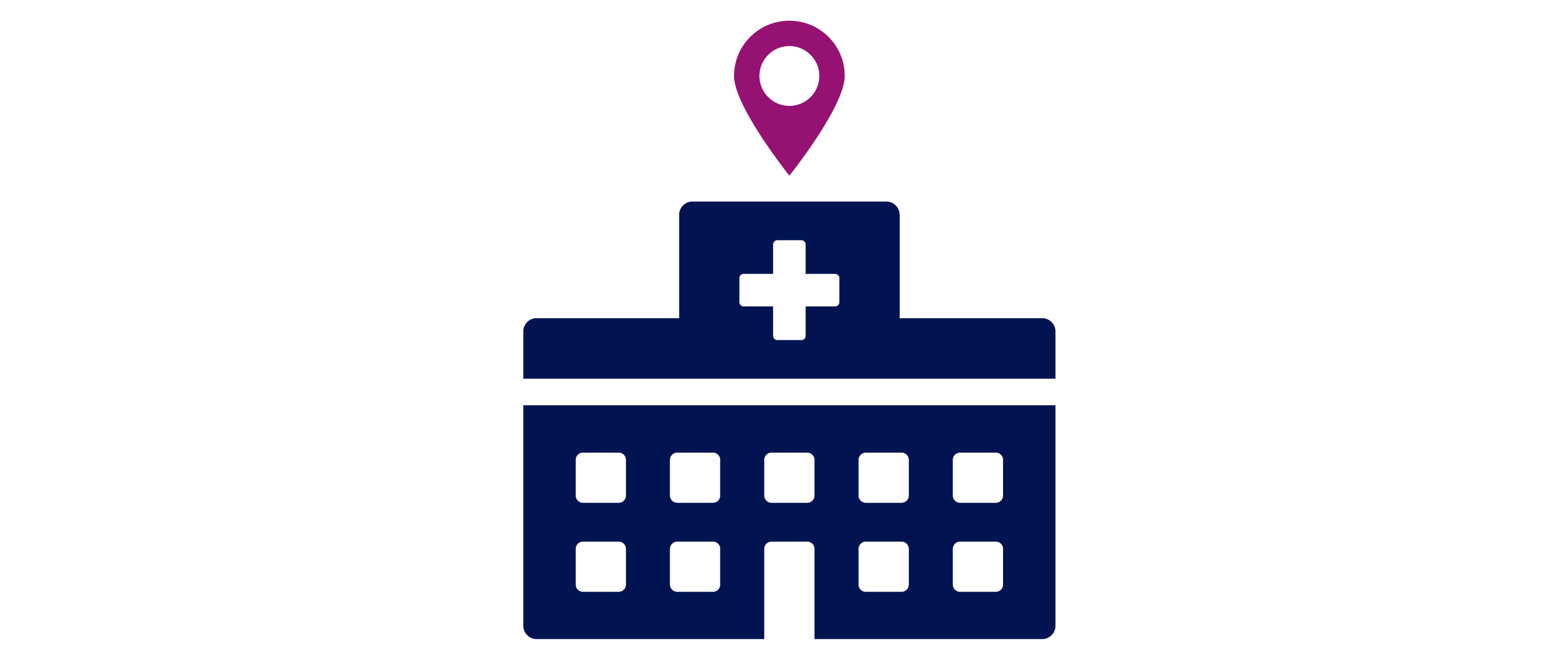 An icon of a hospital with a location pin above it