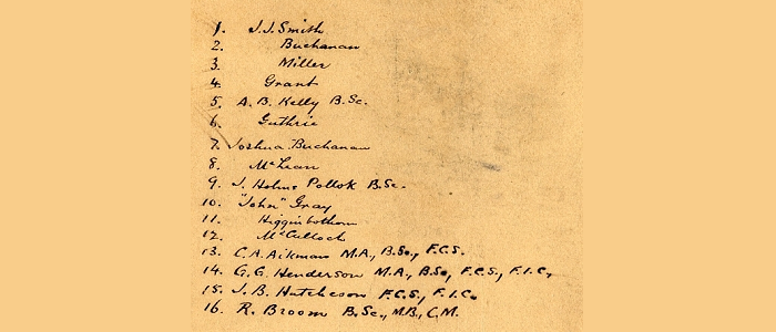 Handwritten list of those photographed in the Chemical Laboratory photo