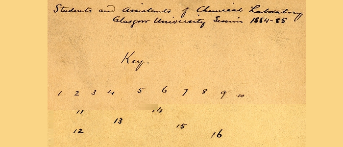 Handwritten key to the photo of the Chemical Lab students and assistants