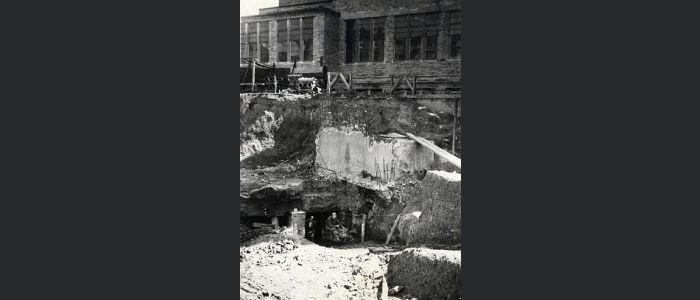 Black and white photo of the mine access during the Chemistry Building construction