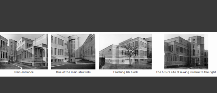 Compilation of architect sketches of various external aspects of the chemistry building