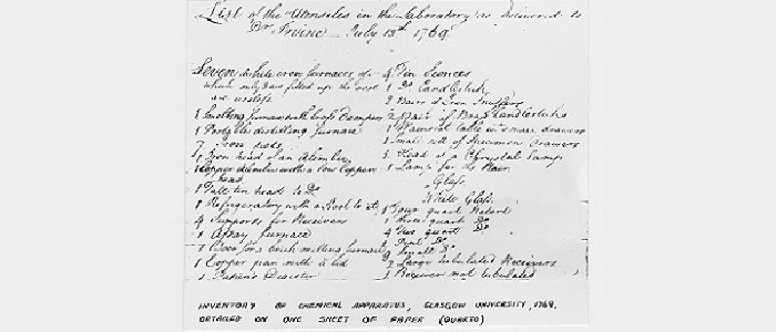 A handwritten list of utensils delivered to the laboratory in 1769