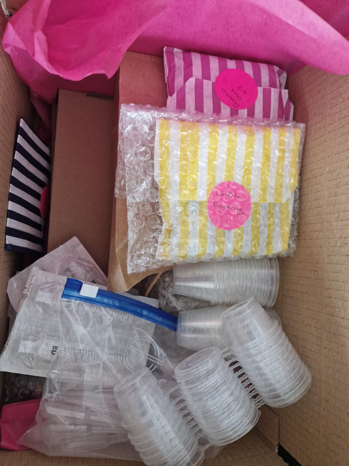 Box full of kit to be taken to a Chemistry outreach event including essential oils
