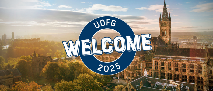 UofG Welcome 2025 logo across an arial photo of the university main campus at sunset