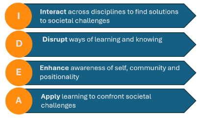 Interact across disciplines to find solutions to societal challenges Disrupt ways of learning and knowing Enhance awareness of self, community and positionality Apply learning to confront societal challenges
