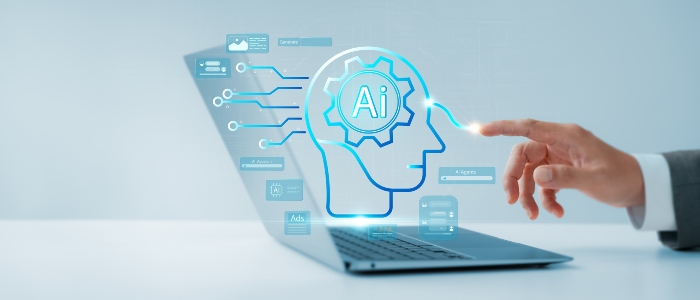 A laptop with a hologram of a Artificial Intelligence icon