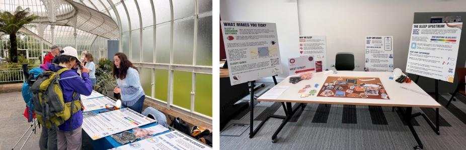 Researchers and visitors engaged in a sleep research activity in Kibble palace. Information about sleep research set up on a table and display stands.