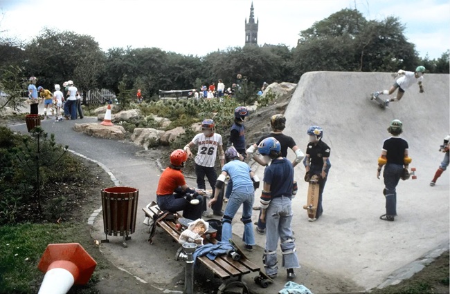 Young people in 1978 wearing helmets and other safety gear skateboarding at Kelvin Wheelies skatepark. Credit: Iain Urquhart with kind permission from North Skateboard magazine Young people in 1978 wearing helmets and other safety gear skateboarding at Kelvin Wheelies skatepark. Credit: Iain Urquhart with kind permission from North Skateboard magazine