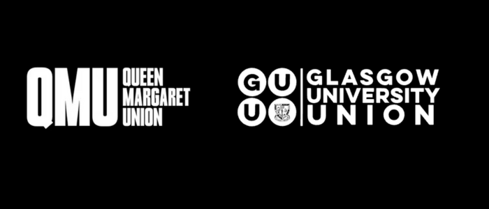 The GUU and QMU logos against a black background
