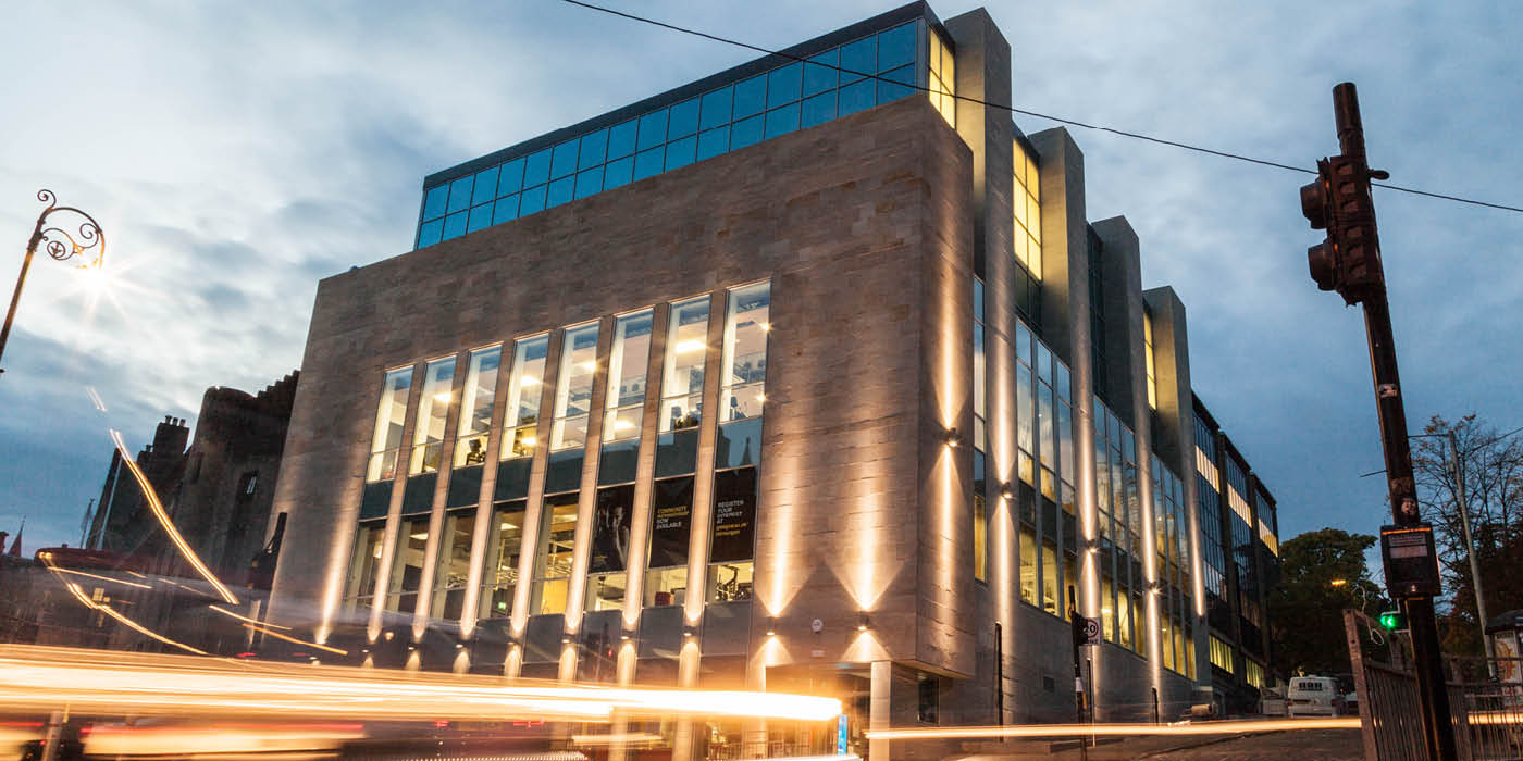 The Stevenson Building lit up at night