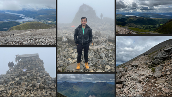 Collage of photos. From left to right: view from the top of Ben Nevis, photo of Shadab at the top of Ben Nevis, view from Ben Nevis, walking down Ben Nevis, view from the top of Ben Nevis, cairn at the top of Ben Nevis indicating the trig point