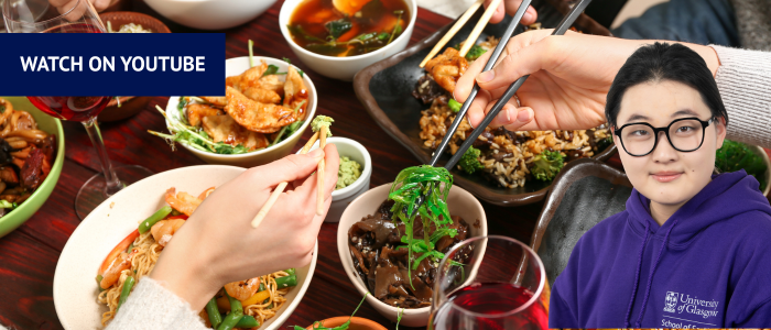 In the left-hand corner there is a blue box with white text saying Watch On YouTube. The background of the image is a table of Chinese dishes with people's hands holding chopsticks sharing the food. Headshot of woman in purple hoodie in right-hand corner.