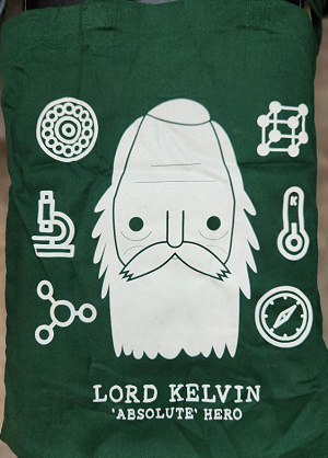 Physics summer school t-shirt featuring a cartoon of Lord Kelvin's face and the words Lord Kelvin 'Absolute' Hero
