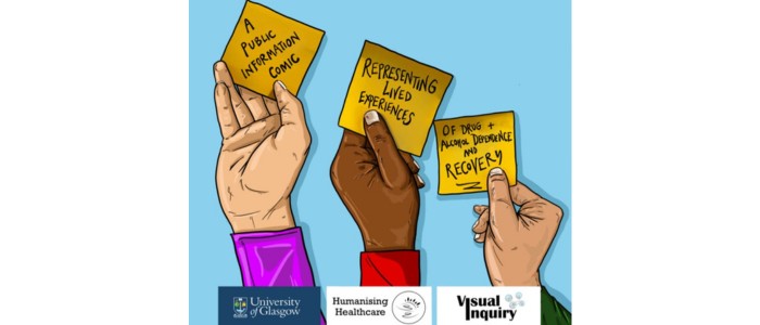 Front cover of recovery comic with three hands holding up post it notes.