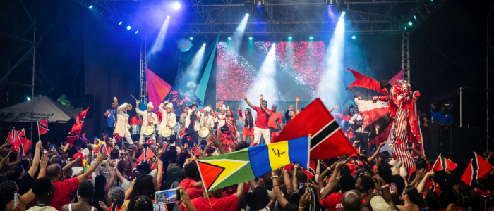 A band on stage playing music, a crowd gathered round the stage waving flags.