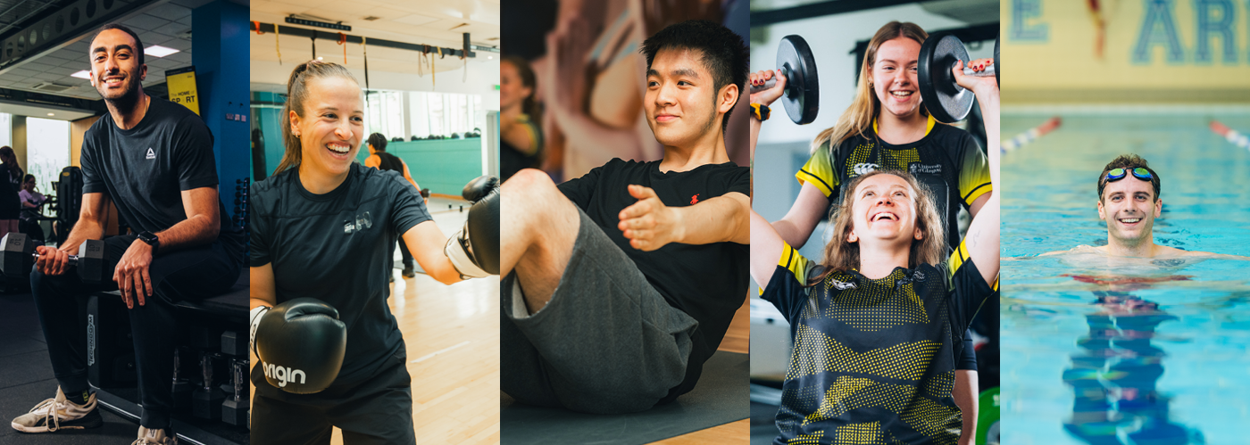 montage of lots of different students having a great time at UofG Sport!