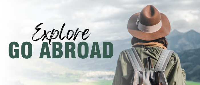 An image of a person looking out to mountains with 'Explore Go Abroad' in text next to them.