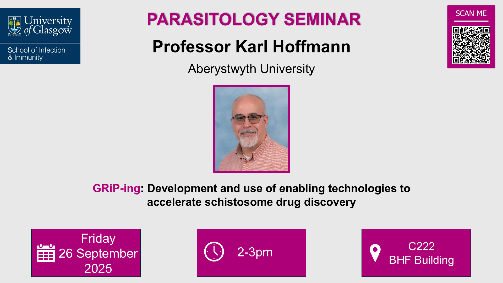 A Parasitology seminar poster for Karl Hoffmann including date, time, location and seminar title, all of which can be found in the accompanying text
