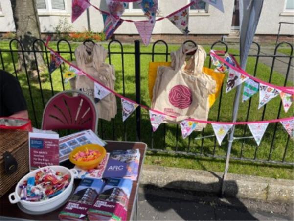 Byres Hub stall outside with bunting decoration