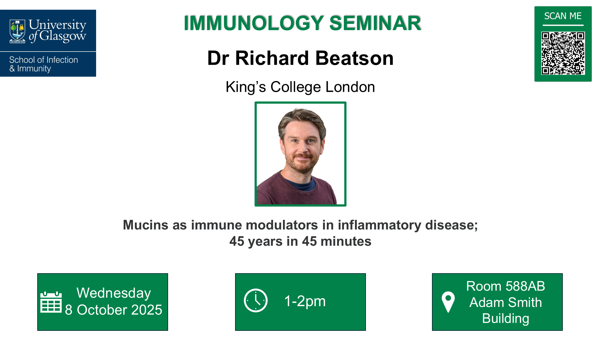 Immunology seminar poster which includes date, time, location and title that is included in the accompanying text