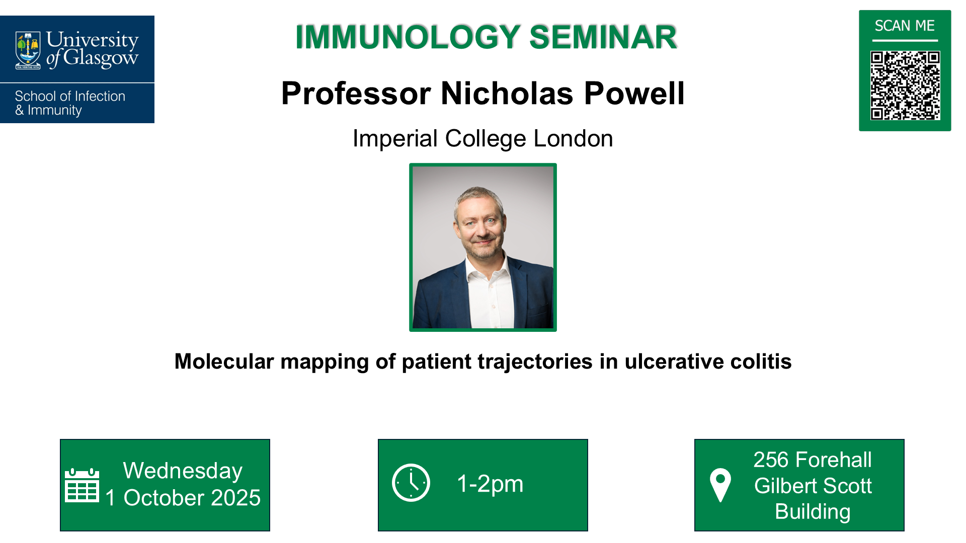 Poster for Immunology seminar for Prof Nick Powell of which the date, time and location are included in the accompanying text