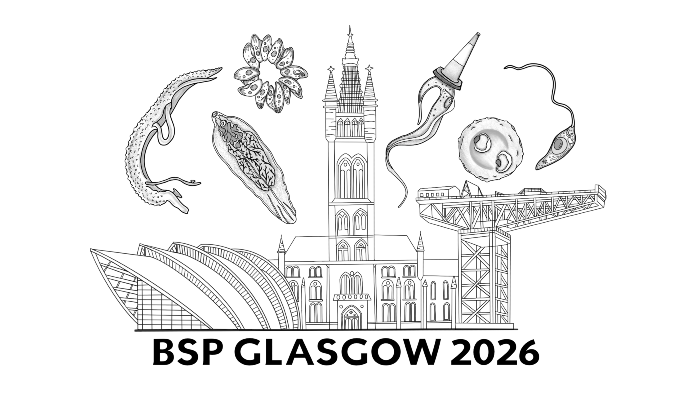 Illustrated logo for BSP Glasgow 2026. The image features detailed black-and-white line drawings of iconic Glasgow landmarks and parasitic organisms. In the center is the University of Glasgow’s main tower. Surrounding it are illustrations of parasites, including helminths, protozoa, and kinetoplastids. On the left is the SEC Armadillo building, and on the right is the Finnieston Crane. Bold text beneath reads: 
