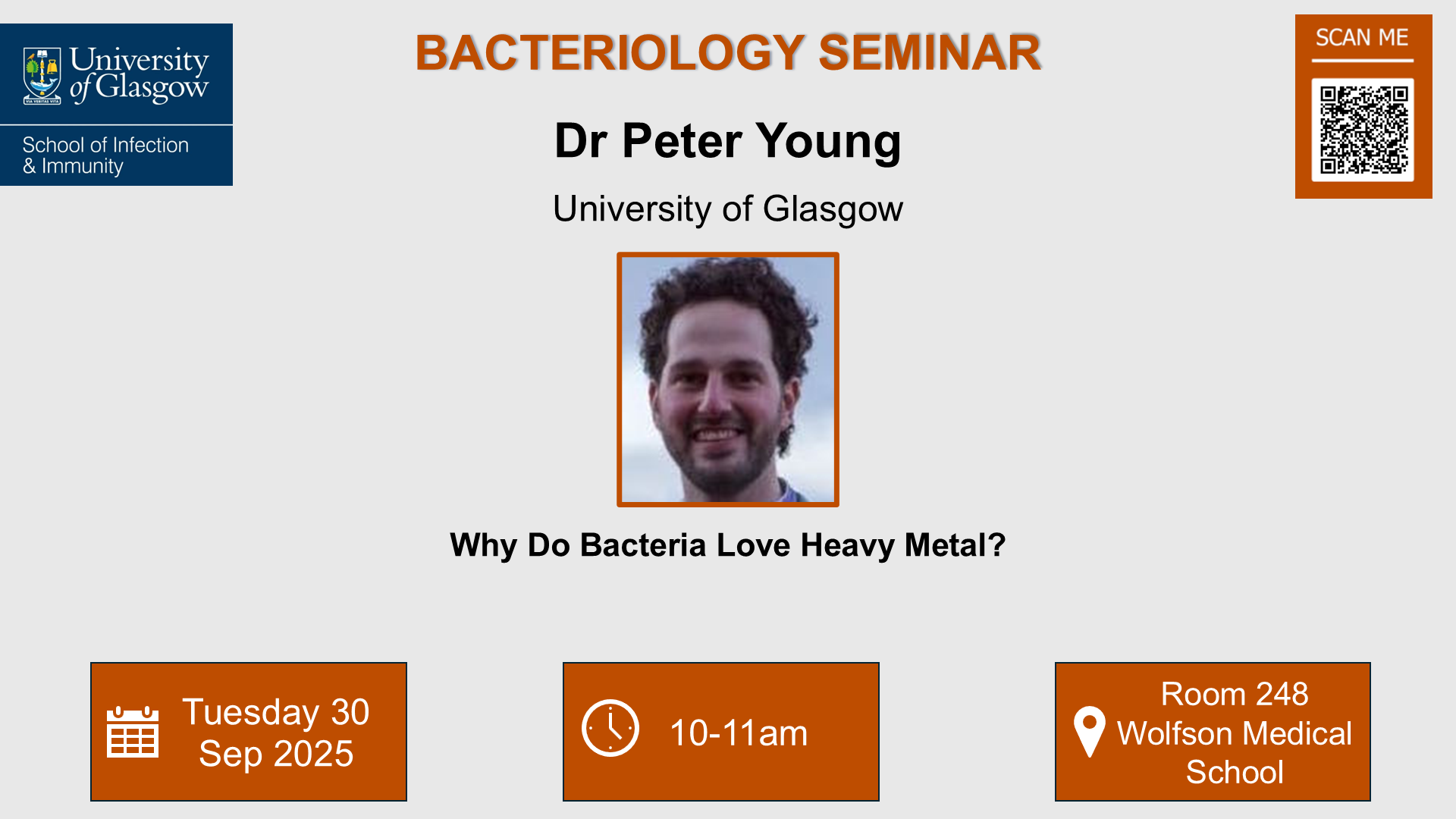 Poster for Bacteriology seminar for Dr Peter Young of which the date, time and location are included in the accompanying text