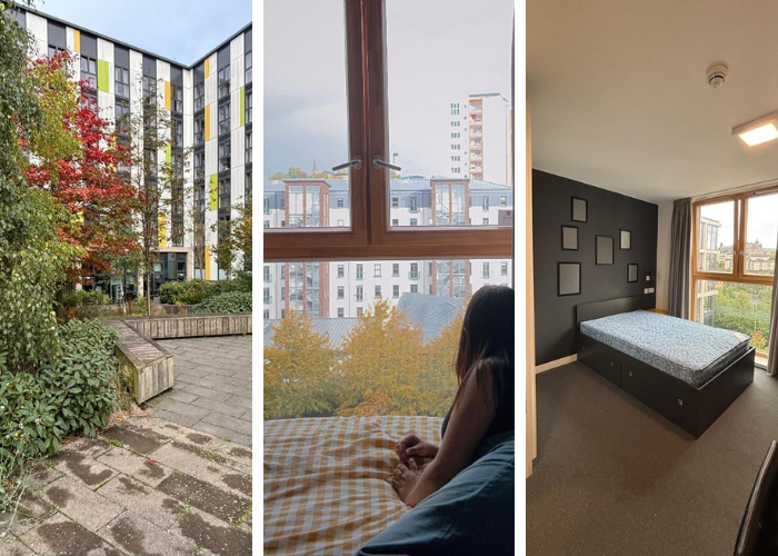 Collage of photos. From left to right: view of internal courtyard at Havannah House with accommodation in the background; student looking out of window in accommodation room over Glasgow; internal view of the room