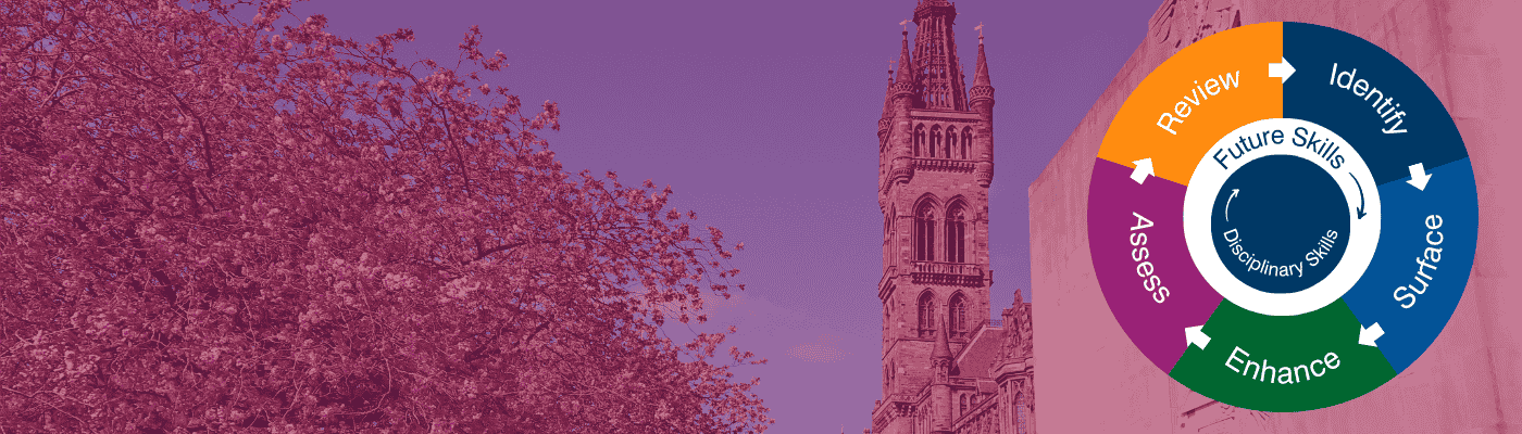Gilbert Scott tower with pink blossom and the EEF on top which reads identify surface enhance assess review