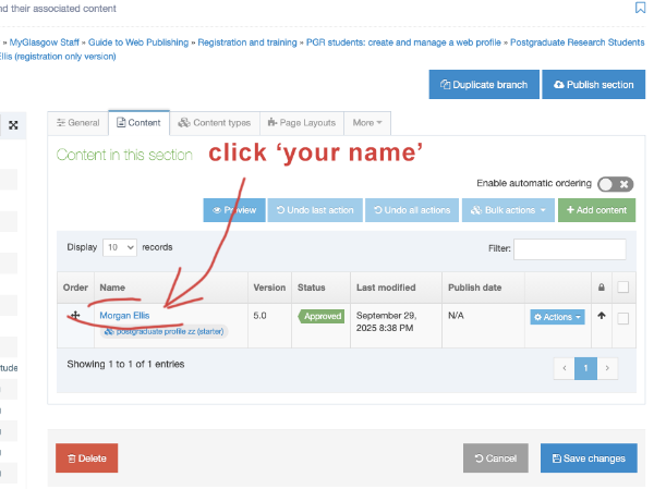 Click the link showing your name