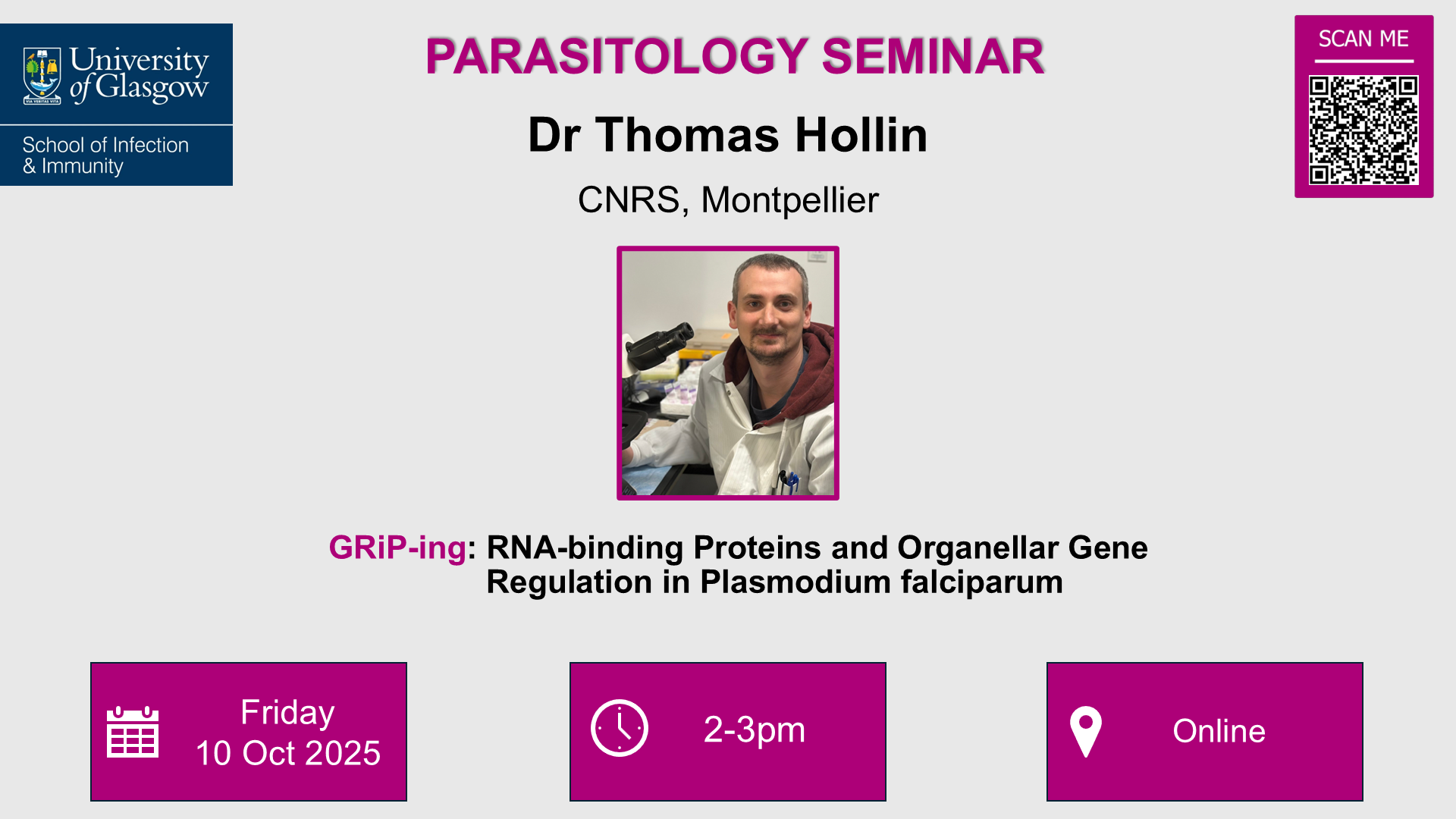 GRiP-ing Parasitology seminar flyer for Dr Thomas Hollin, of which the date, time and location are included in the accompanying text