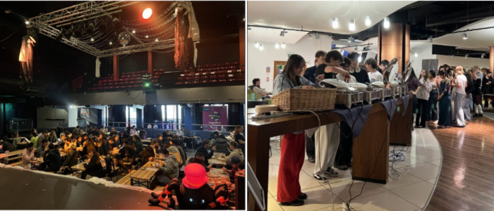 A photo on the left of students enjoying a TeamUofG Together Event, sitting at benches. Another photo on the right of students lining up for a late night breakfast buffet.