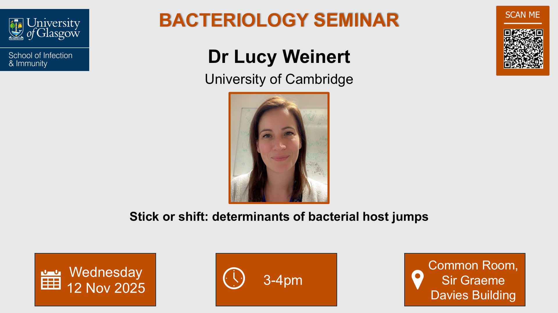 Flyer for Bacteriology seminar, Dr Lucy Weinert, of which the date, time and location are included in the accompanying text