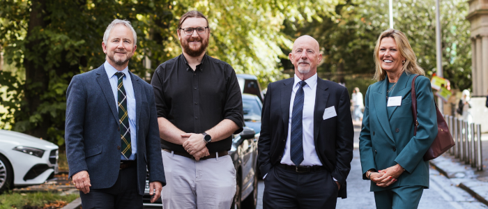 Centre staff and supporters standing in front of the University Main Building. LR: Quintin Cutts, Jack Parkinson, Ewan Kirk, Trish Turner