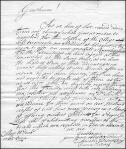 Letter to the members of Senate of the University of Glasgow from Semion Desnitsky and Ivan Tretyakov offering themselves as candidates for the 'trials', the oral examination required prior to the awarding of a degree, 31st December 1765.  (GUAS Ref: GUA 30225.  Copyright reserved.) 