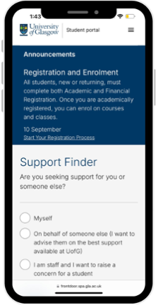 An image of a mobile phone with the student portal interface