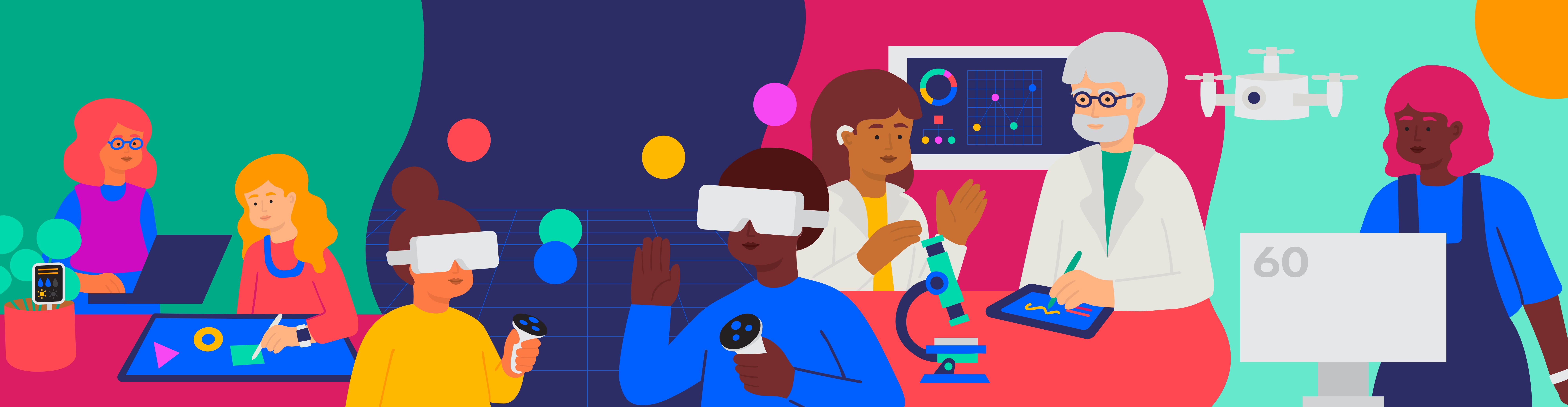 Multiple cartton characters involved in social science through sharing a computer, drones and VR.