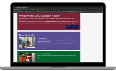 Image of a laptop with the support finder interface on the screen
