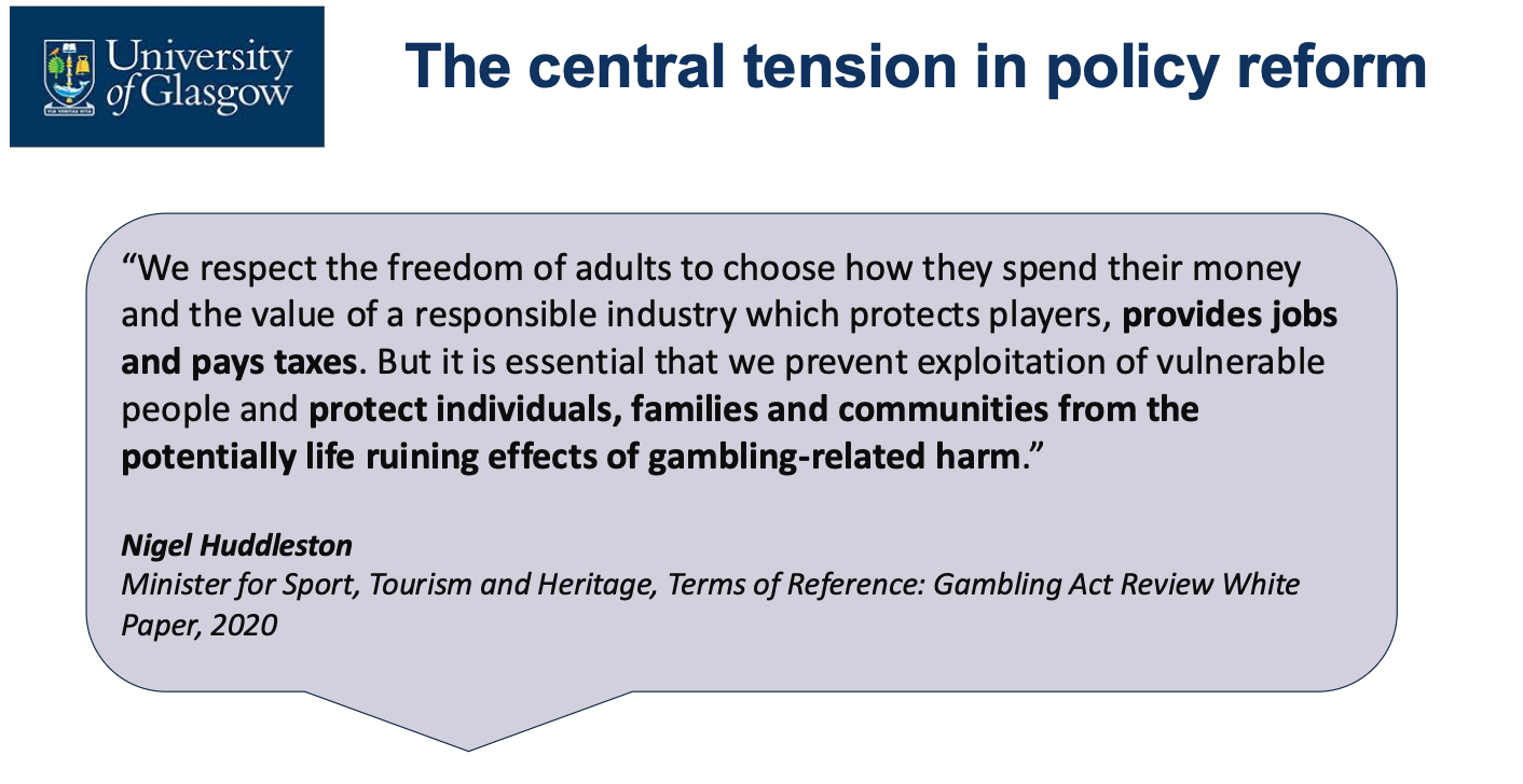 The slide describes the central policy tension on gambling reform using this quotation: 
