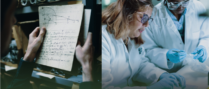 Split image with William Rankine written document on one side and Prof Caroline Gauchotte-Lindsay working in a lab with a colleague on the other side