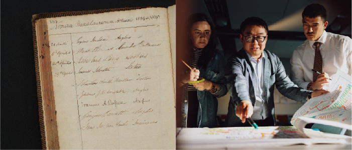 Split image with a document containing James McCune Smith's signature on one side and Dr Mark Wong talking to two colleagues on the other side