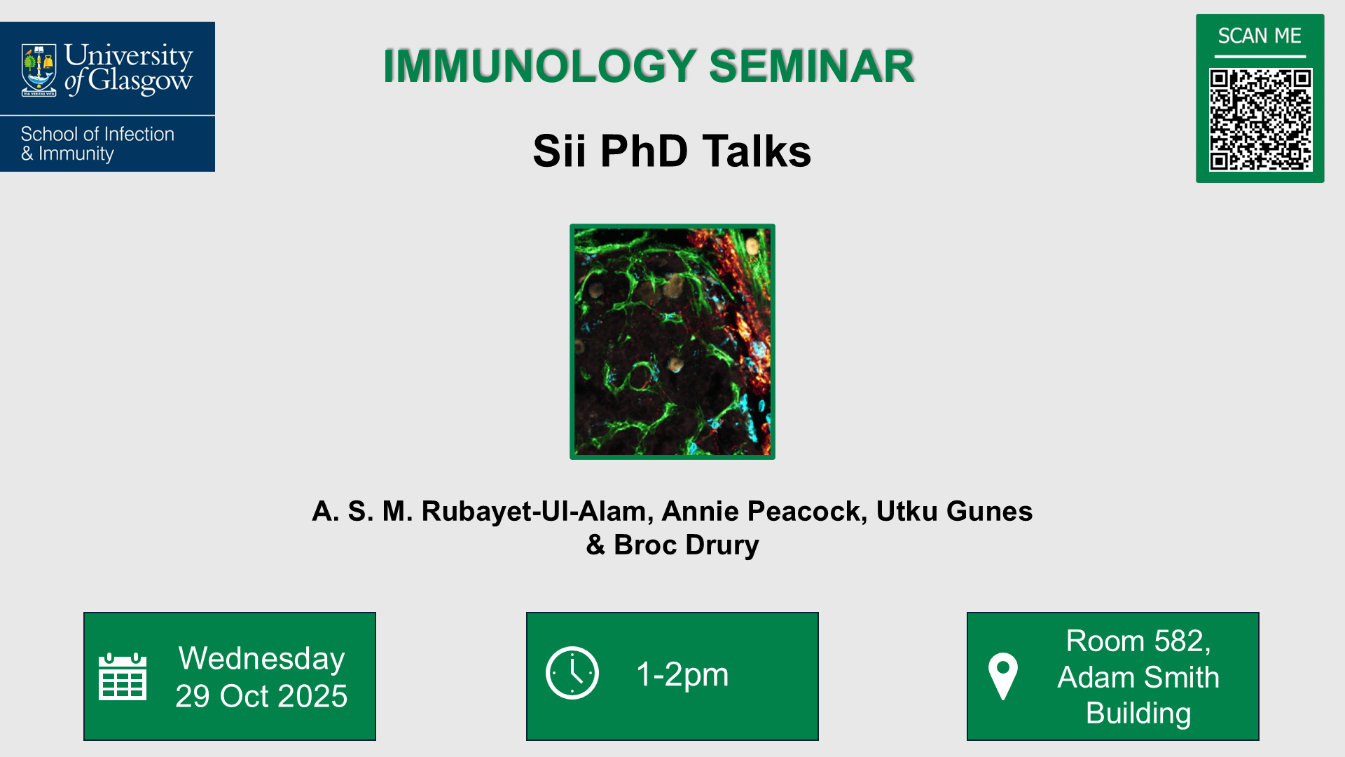 Poster for Immunology seminar, PhD talks, of which the date, time and location are included in the accompanying text