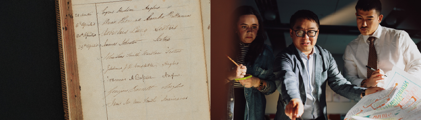 Split image with a document containing James McCune Smith's signature on one side and Dr Mark Wong talking to two colleagues on the other side