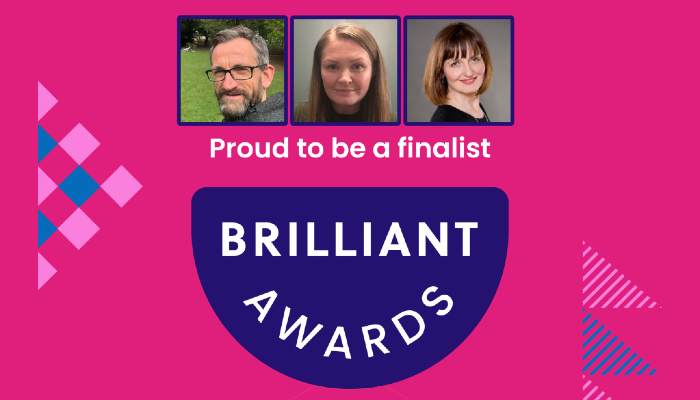 A pink graphic with inset portrait images of Nairn Scobie, Leighann Sherry and Fiona Stubbs above the Brilliant Awards logo, with the text inside a purple trophy shape